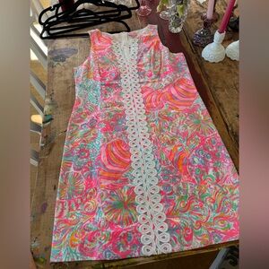 Lilly Pulitzer Vibrant Pink and Orange Shift Dress with Lace Detail